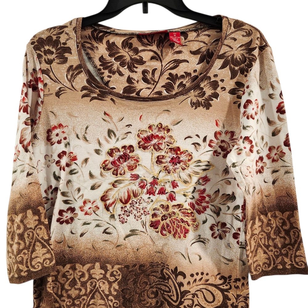 Gloria Vanderbilt Brown and Cream Floral Blouse